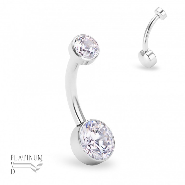 Банан интернальный в пупок из титана с кристаллами CZ диски 4/6 мм Platinum PVD