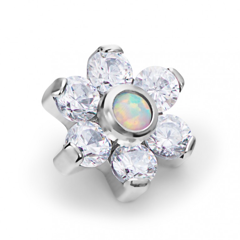 Накрутка титановая Opal Flower с белым опалом и кристаллами Clear CZ